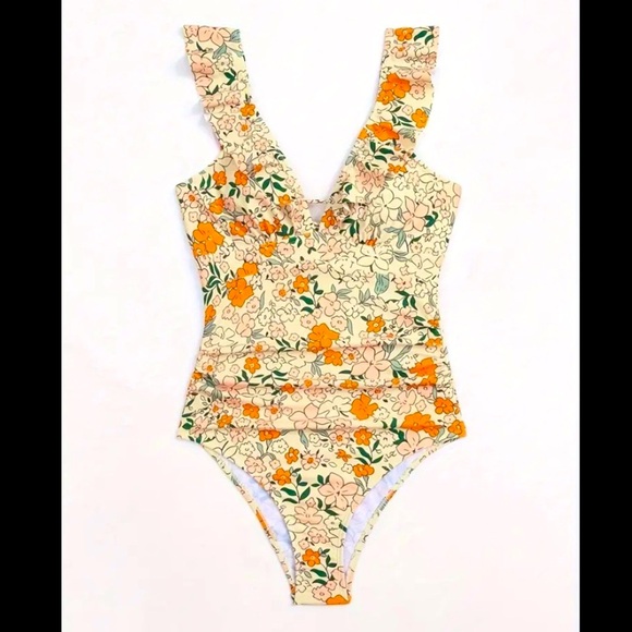 One Piece Swimsuit with Ruffled V-Neck with Open Hole Back - Picture 2 of 11